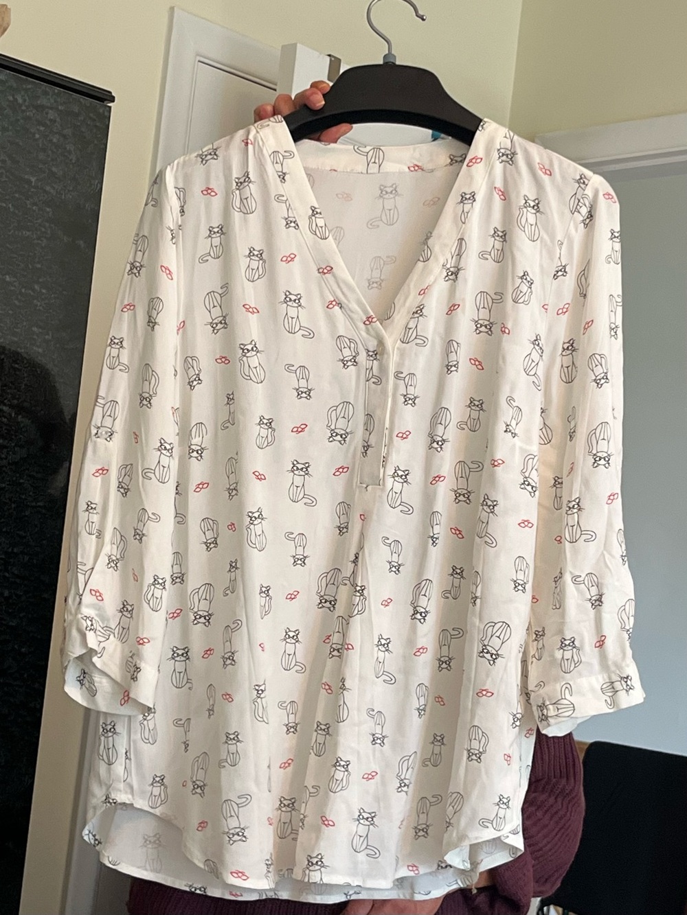Cat-Print V-Neck Blouse- White with Red and Black Accents